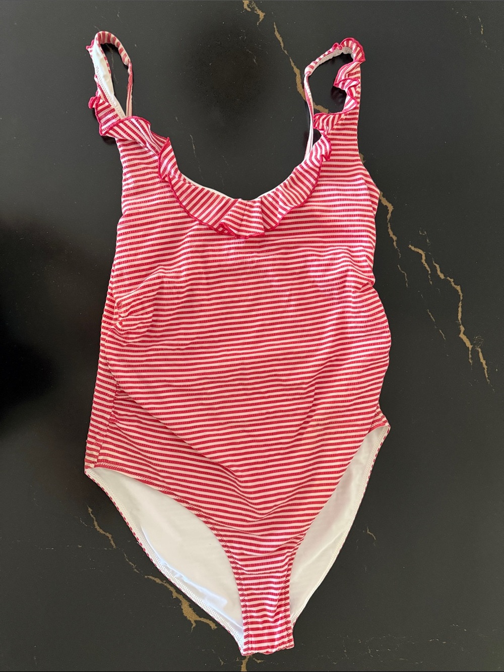Hatch Pink and White Striped One-Piece Maternity Swimsuit with Ruffle